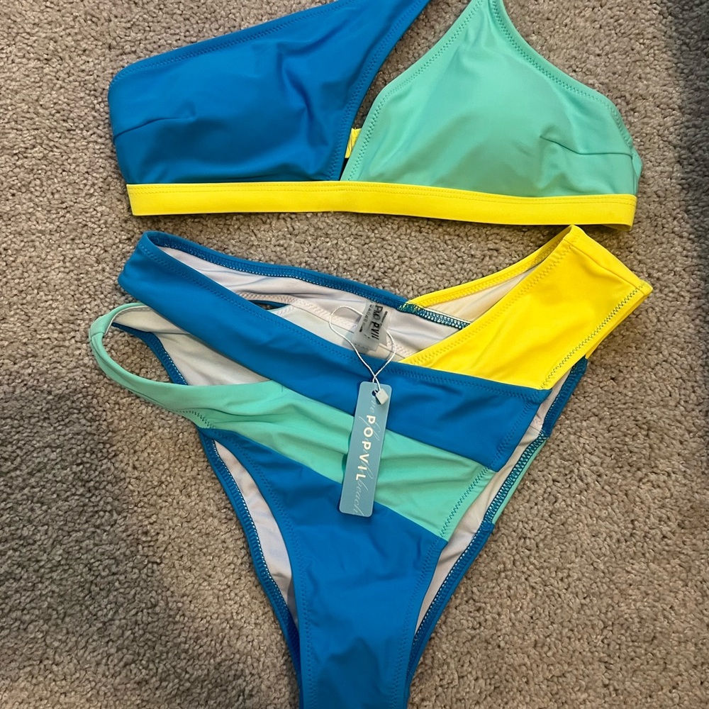 NWT POPVIL Secret Colorblock Bikini - Blue, Teal, Yellow